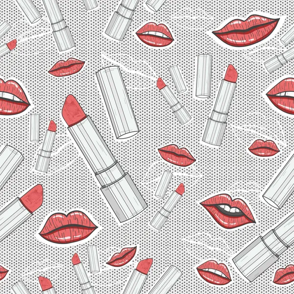 Lips and lipsticks beauty seamless pattern — Stock Vector
