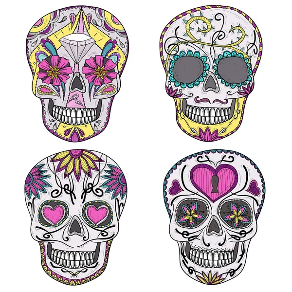 멕시코 두개골 집합입니다. 꽃과 심장 다채로운 두개골 — 스톡 벡터