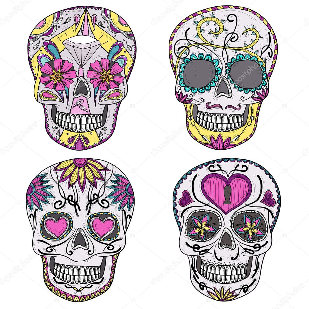 Mexican skull set. Colorful skulls with flower and heart