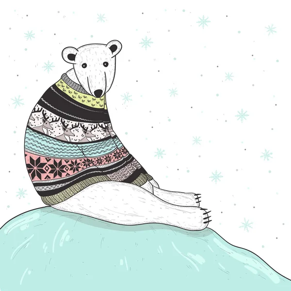 Christmas card with cute polar bear. Bear with fair isle style s — Stock Vector