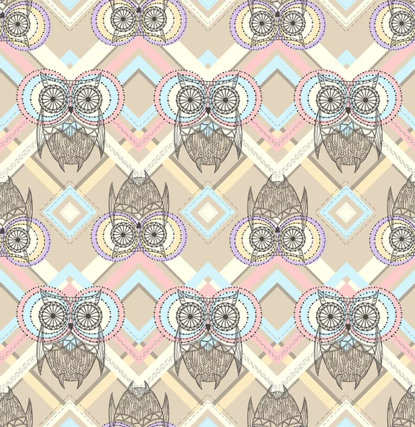 Cute owl seamless pattern with native elements — Stock Vector