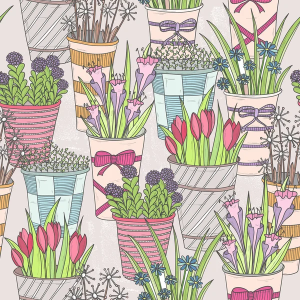 Χαριτωμένο άνευ ραφής λουλουδάτο μοτίβο. μοτίβο με λουλούδια σε κουβάδες. — Διανυσματικό Αρχείο