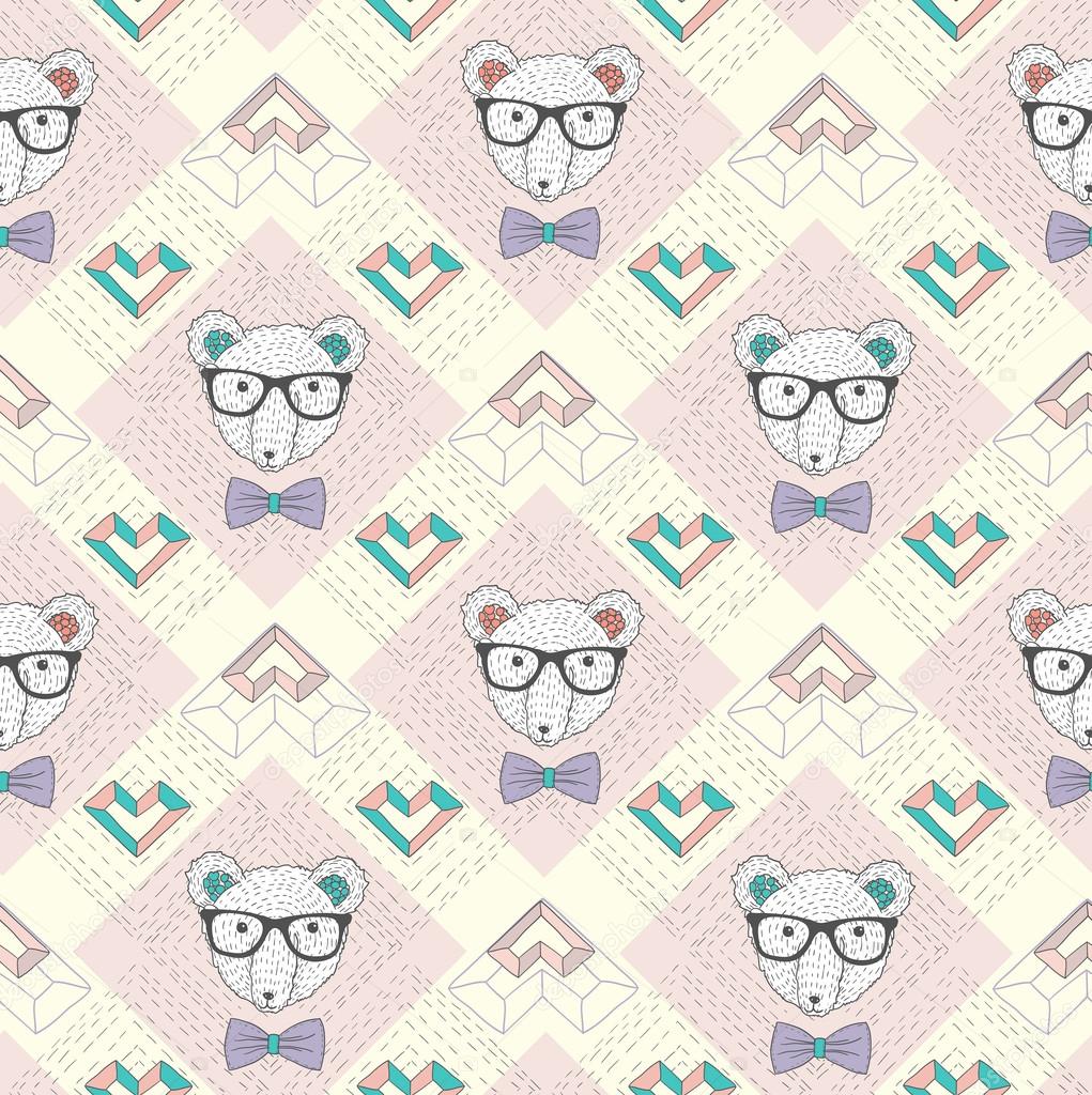 Seamless pattern with hipster polar bear and hearts
