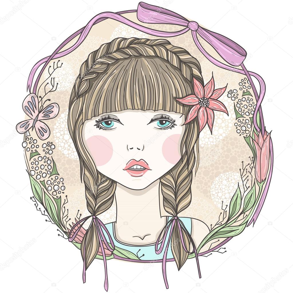 Pretty girl with flowers and butterfly element frame.