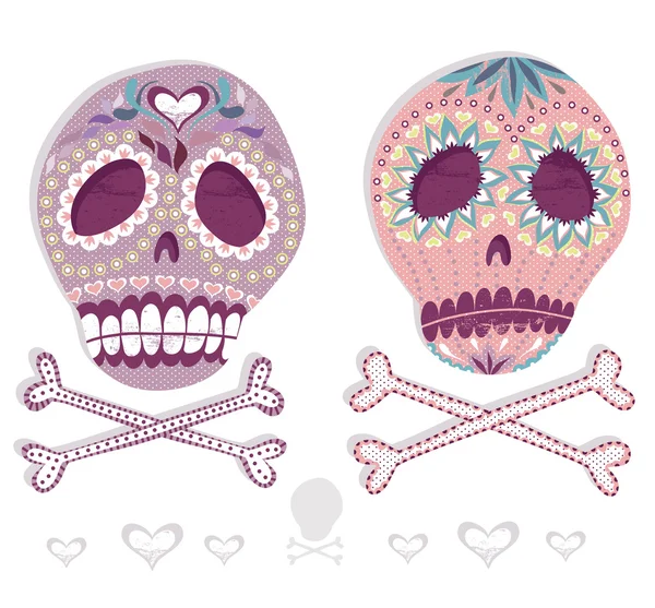 Calavera mexicana lista. Calaveras coloridas con adornos de flores y corazones — Vector de stock