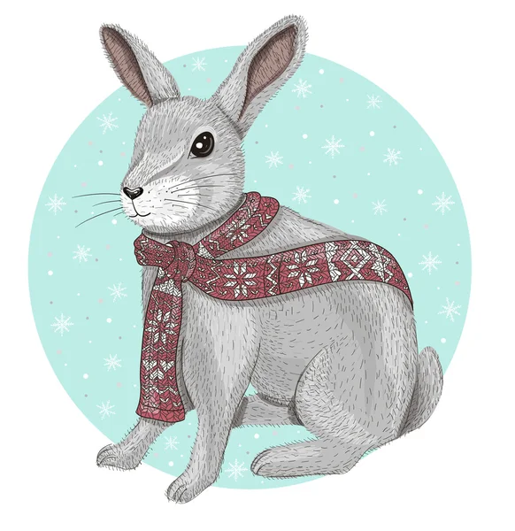 Cute rabbit with scarf winter background — Stock Vector