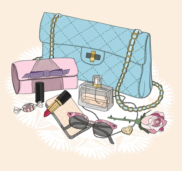 Fashion Essentials. Hintergrund mit Tasche, Sonnenbrille, Schuhen — Stockvektor
