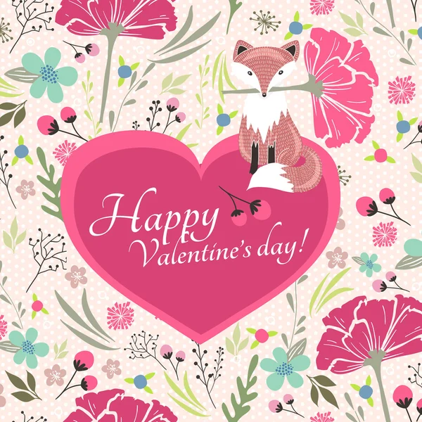 Tarjeta de San Valentín floral con lindo zorro — Vector de stock