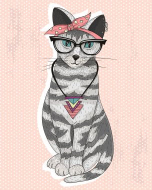 şirin hipster rockabilly kedi başörtüsü, gözlük ve necklac