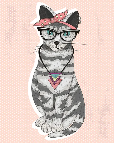 Cute hipster rockabilly cat with head scarf, glasses and necklac — Stock Vector