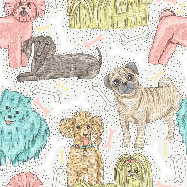 Милый бесшовный векторный рисунок с маленькими собачками. Бишон, мопс — стоковый вектор