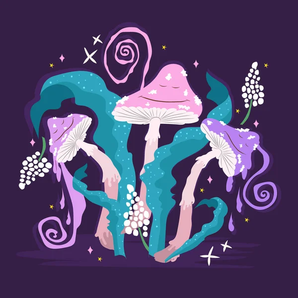 Psychedelische Paddenstoelen Achtergrond Magische Trippy Schimmels — Stockvector