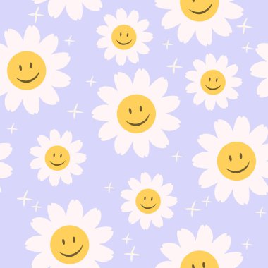 70 'lerin sevimli, gülen papatya desenli çiçekleri. Çiçekli hippi garip vektör geçmişi. Kumaş, tekstil, ambalaj kağıdı ve ambalaj yapmak için mükemmel..