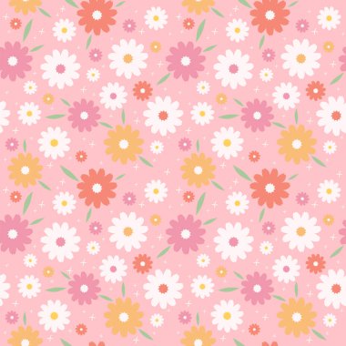 70 'lerin sevimli, kusursuz papatya desenli çiçekleri. Çiçekli hippi vektör geçmişi. Kumaş, tekstil, ambalaj kağıdı ve ambalaj yapmak için mükemmel..