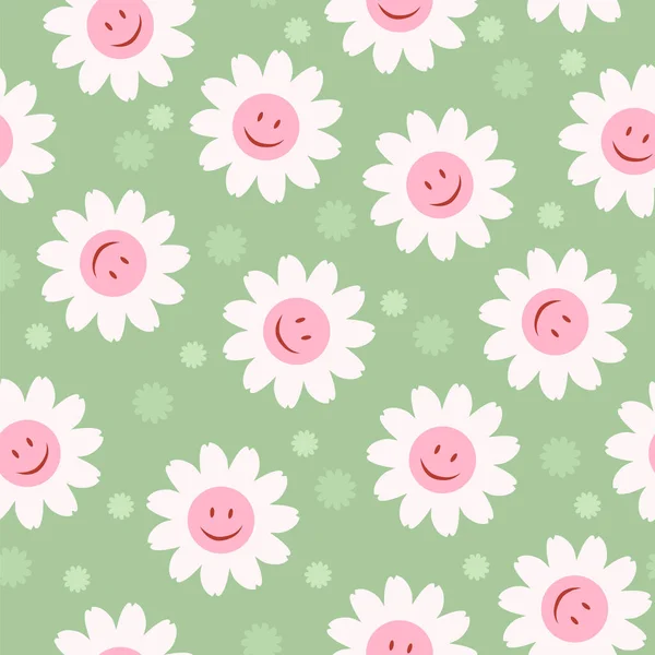 70Er Jahre Niedliche Nahtlose Lächelnde Gänseblümchen Wiederholen Muster Mit Blumen — Stockvektor