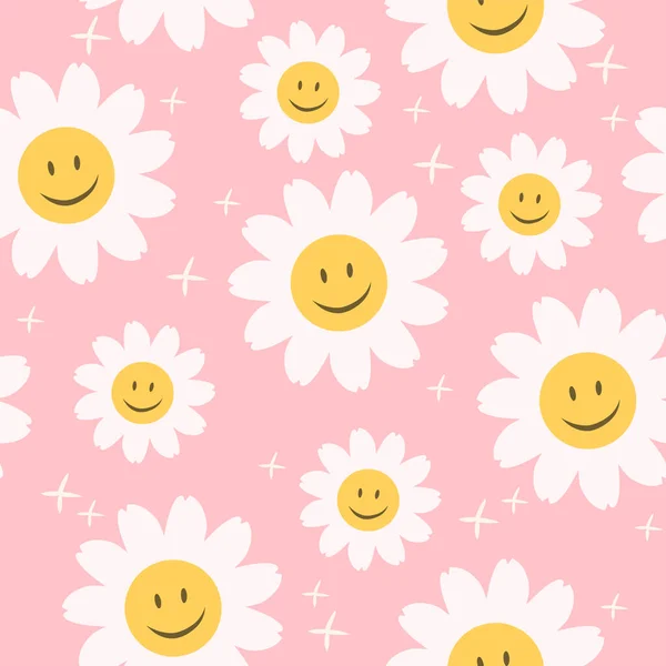 70S Cute Seamless Smiling Daisy Repeat Pattern Flowers Floral Hippie — стоковый вектор