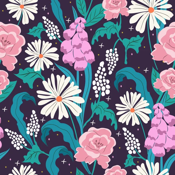 Daisy and peony seamless pattern with hand painted flowers. Floral hand drawn vector background. Perfect for creating fabrics, textiles, wrapping paper, packaging.