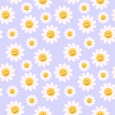 70 'lerin sevimli, dikişsiz gülen yüzlü papatya desenli çiçekleri. Çiçekli hippi garip vektör geçmişi. Kumaş, tekstil, ambalaj kağıdı ve ambalaj yapmak için mükemmel..
