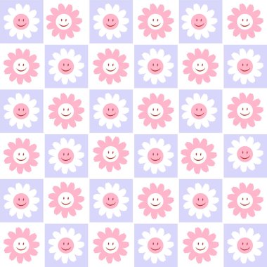 70 'lerin sevimli, gülen papatya desenli çiçekleri. Çiçekli ekoseli hippi garip vektör geçmişi. Kumaş, tekstil, ambalaj kağıdı ve ambalaj yapmak için mükemmel..