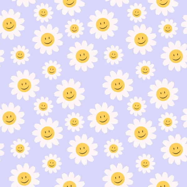 70S Cute Seamless Smiley Face Daisy Pattern Flowers Floral Hippie — стоковый вектор