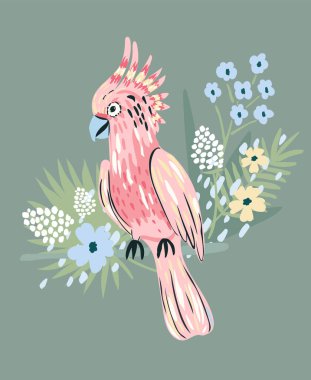 Çiçekli ve yapraklı sevimli pembe bir papağan. Tropik yaz arkaplanı.