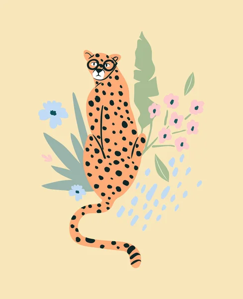 Cute Hipster Cheetah Flowers Tropical Leaves Wild Cat Background — Stock Vector