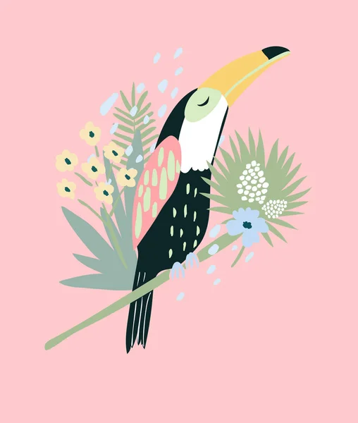 Roztomilé Toucan Pozadí Květinami Palmovým Listem Roztomilé Ilustrace Pro Dívky — Stockový vektor