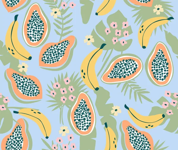 Seamless Pattern Tropical Fruits Background Bananas Papaya Flowers — Stockvector