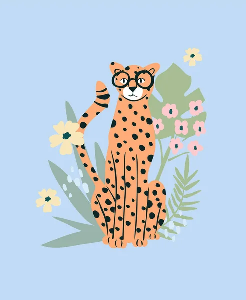 Hipster Gepard Bakgrund Med Blommor Och Palmblad Söt Illustration För Vektorgrafik