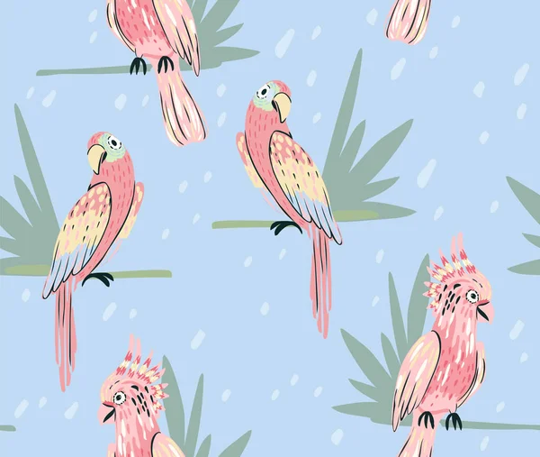 Parrot Seamless Pattern Palm Leaf Cute Background Girls Baby Kids 로열티 프리 스톡 일러스트레이션