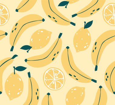 Muz ve limon pürüzsüz desen. Sarı turunçgil meyve vektör arka planı. Kumaş, tekstil, ambalaj kağıdı ve ambalaj yapmak için mükemmel..