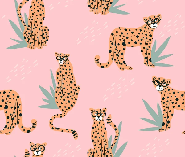 Söt Hipster Gepard Sömlös Mönster Rosa Leopard Tropisk Bakgrund Perfekt Vektorgrafik