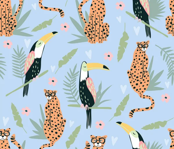 Cute Tropical Animals Birds Seamless Pattern Background Toucans Cheetah Perfect Wektor Stockowy