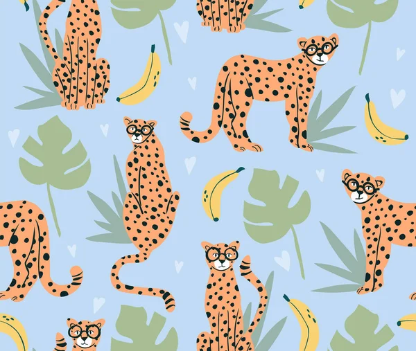 Roztomilý Banán Gepardí Vzor Pozadí Zvířaty Banány Monstery Tapeta Ideální — Stockový vektor