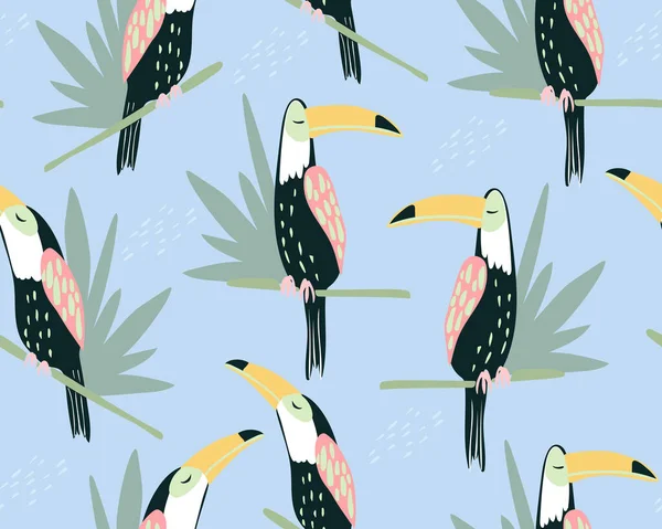 Şirin Bir Toucan Deseni Var Kuşlar Yapraklarla Dolu Bir Arka — Stok Vektör