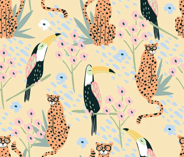 Tatlı Tukan Çita Pürüzsüz Desen Hayvanlarla Kuşlarla Çiçeklerle Dolu Bir Telifsiz Stok Illüstrasyonlar