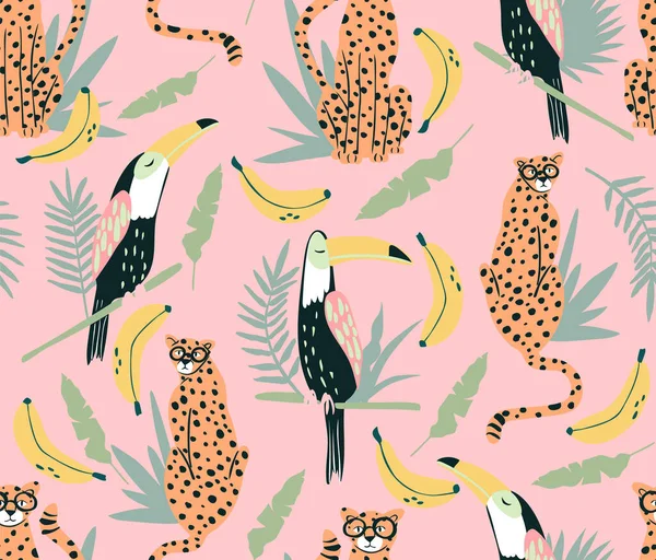 Schattig Toucan Cheeta Naadloos Patroon Achtergrond Met Dieren Vogels Bananen Stockvector