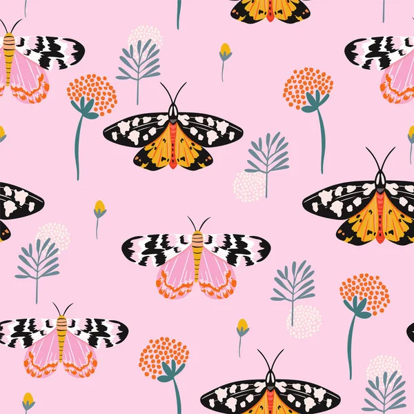 Seamless Pattern Moths Flowers Butterfly Floral Background Fabric Wrapping Textile — ストックベクタ