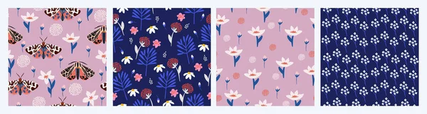 Seamless Pattern Moths Flowers Butterfly Floral Background Set Fabric Wrapping — ストックベクタ