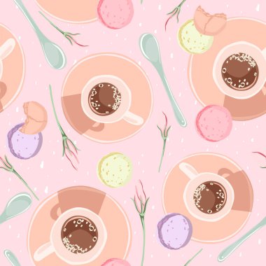 Seamless pattern with coffee, macarons, and flowers. Morning background for fabric, wrapping, textile, wallpaper, apparel. Vector illustration.