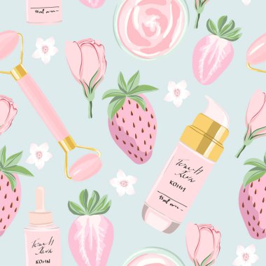 Seamless pattern with cosmetic products, strawberries, and roses. Beauty background for fabric, wrapping, textile, wallpaper, apparel. Vector illustration.