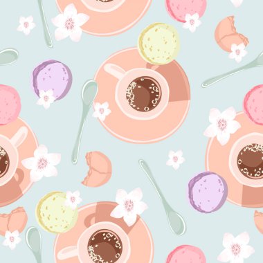 Seamless pattern with coffee, macarons, and flowers. Morning background for fabric, wrapping, textile, wallpaper, apparel. Vector illustration.