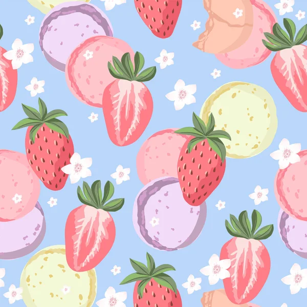 Seamless Pattern Colorful Macarons Strawberries Cute Dessert Berry Background Fabric — Vetor de Stock