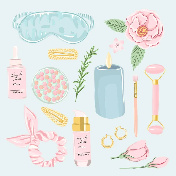 Self Care Cosmetic Beauty Element Set Skincare Products Vector Illustration — Vetor de Stock