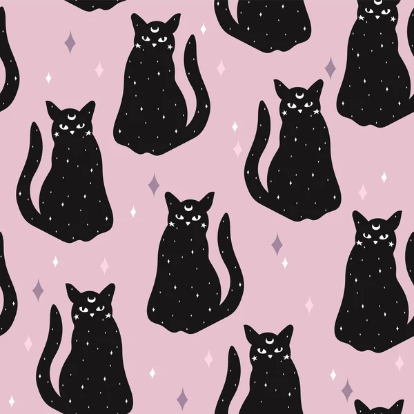 Schwarze Katze Nahtloses Muster Hintergrund Halloween — Stockvektor