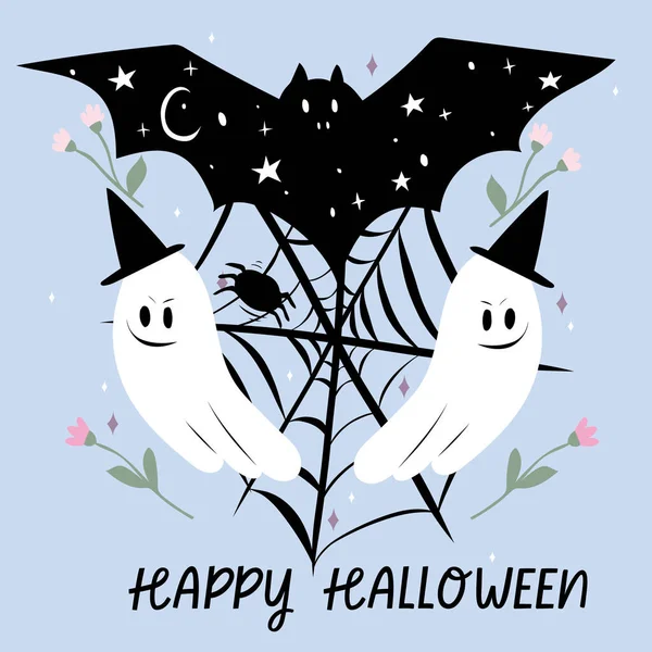 Halloween Bakgrund Med Bat Spöke Och Spindelnät Läskig Vektor Illustration — Stock vektor