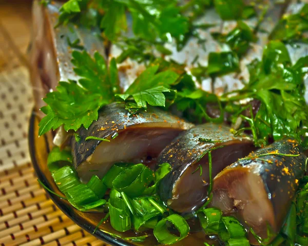 Closeup marinaded herring strewed — Stock Photo, Image