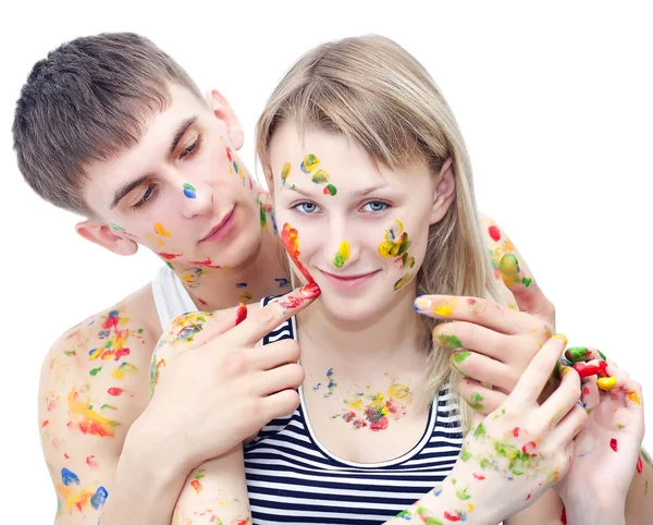 근접 촬영 젊은 여자와 남자 페인트 그리기 — 스톡 사진