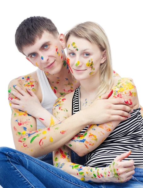 여자와 남자의 페인트로 덮여 — 스톡 사진