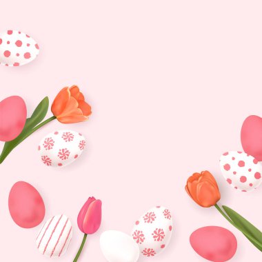 Mutlu Paskalya tebrik kartları, boyanmış yumurtalar. Bahar tatili, Paskalya arkaplanı. Vektör illüstrasyonu EPS10.